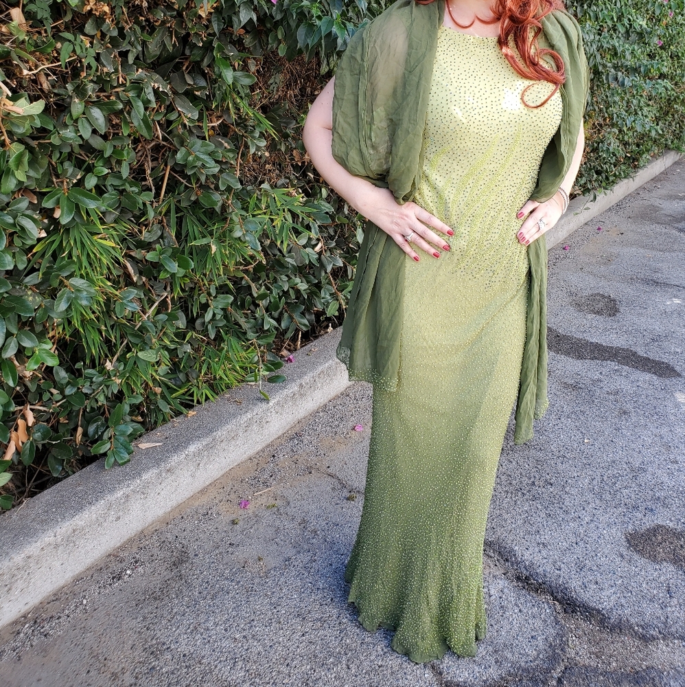 Silk green gown with attached wrap